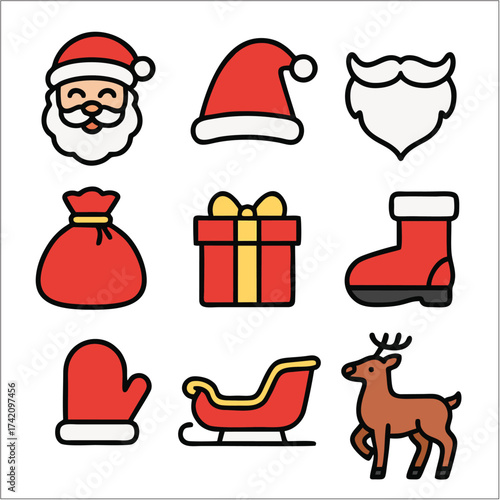 Flat Santa Claus Icon Set, Minimalist Christmas Vector Collection 