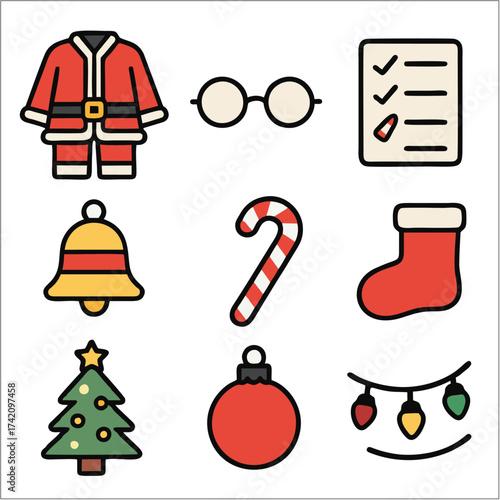 Flat Santa Claus Icon Set, Minimalist Christmas Vector Collection 