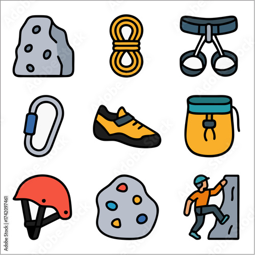Flat Rock Climbing Icon Set, Minimalist Outdoor Adventure Vector Collection