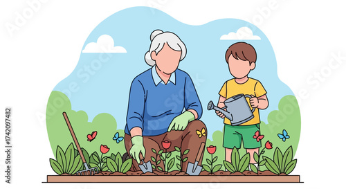 Grandmother and grandson gardening together, planting flowers and watering them with watering can