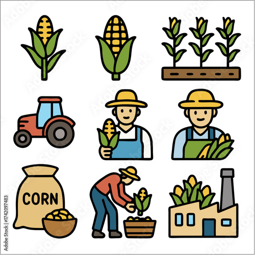 Flat Corn Farm Icon Set, Minimalist Agricultural Vector Collection