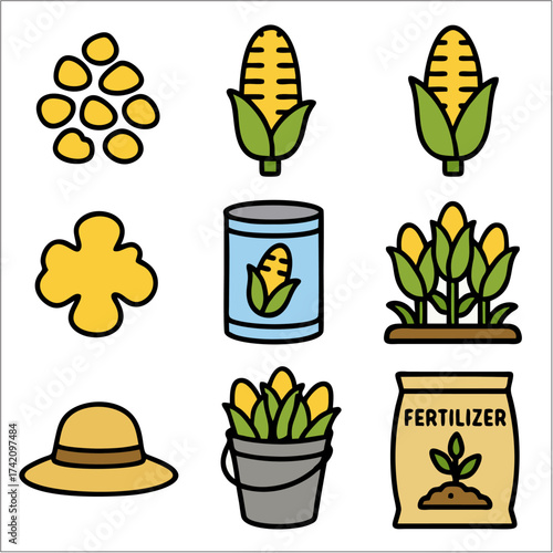 Flat Corn Farm Icon Set, Minimalist Agricultural Vector Collection