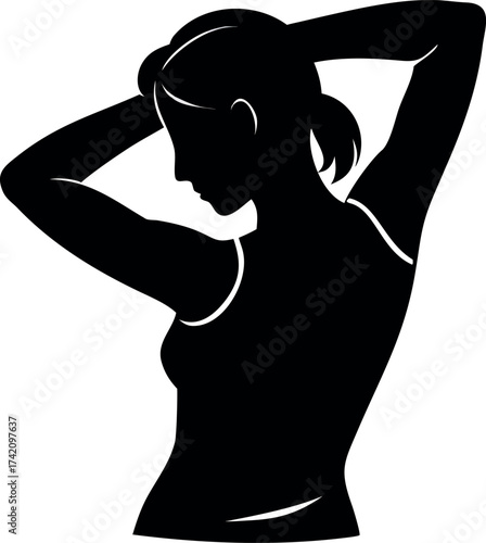 Silhouette of Self-Care: A minimalist illustration depicts a graceful silhouette of a person, tenderly touching her hair, symbolizing self-care, poise and elegance. 
