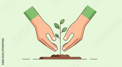 Hands gently cupping small green plant seedling growing from soil, symbolizing growth, nurturing, and environmental care with soft green