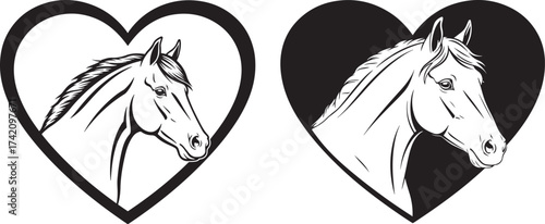Two horse heads inside heart shapes silhouette