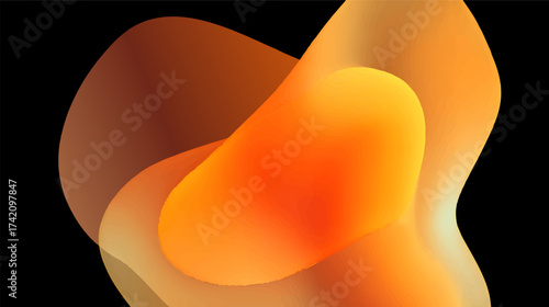 An abstract design featuring smooth, flowing shapes in vibrant orange and yellow hues, with a subtle gradient and light lines