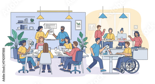 Modern office environment with diverse team collaborating in meeting room and working at desks, including an individual in wheelchair