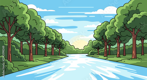 Serene river flows through lush green forest with tall trees lining both banks under bright blue sky with fluffy clouds and hint sun