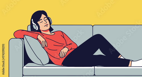 Woman with eyes closed, wearing headphones, relaxes comfortably on couch, enjoying music or podcast, with yellow