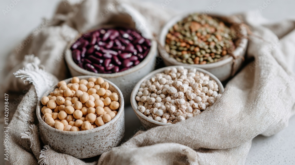 Fototapeta premium Assorted legumes in bowls: chickpeas, lentils, red beans, soybeans on linen cloth