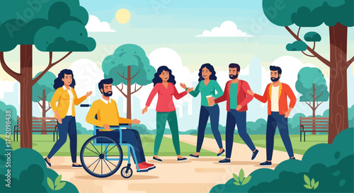 Diverse group friends, including person in wheelchair, enjoying sunny day together in park, promoting inclusivity and community