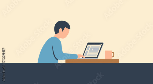 Person in blue shirt sits at desk, typing on laptop with coffee mug nearby, flat design
