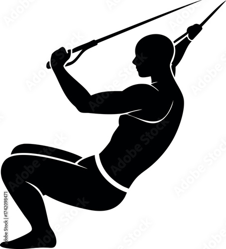 Silhouette of Fitness: A determined individual engages in a dynamic suspension training workout. With focused intensity, the person leverages bodyweight to achieve physical strength and balance. 