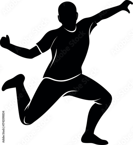 Dynamic Athlete in Motion: A silhouetted figure leaps forward, captured mid-action with a powerful display of strength and agility. conveying the essence of sportsmanship and determination.