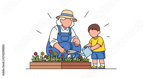 Grandmother and grandchild gardening together, planting flowers in raised garden bed with watering can and trowel