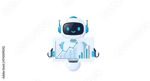 Digital Assistant Robot Holding Business Analytics Chart, Illustrating Data Analysis and Market Trends, Artificial Intelligence in Business