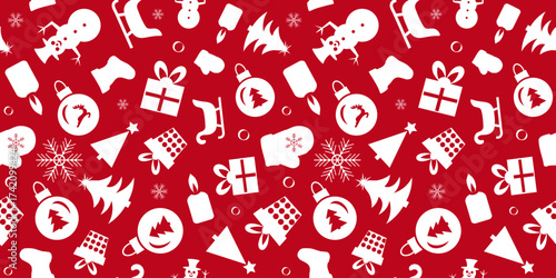 Christmas seamless pattern of icons on red background in flat style. Vector illustration