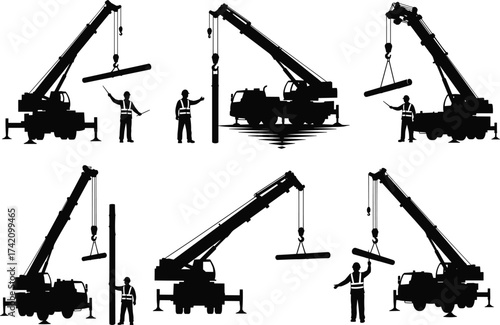 Construction crane lifting heavy poles, workers guiding equipment, industrial building site safety, silhouette illustration, heavy machinery operation, engineering construction industry vector design