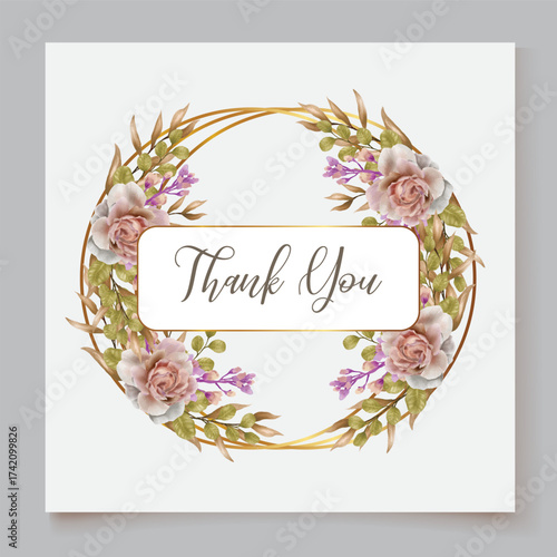 WEDDING INVITATION FRAME WITH FLOWER DECORATIONS AND FRESH LEAVES
