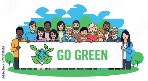 Diverse group people holding banner that says go green with globe and leaf icon, promoting environmental awareness and sustainability