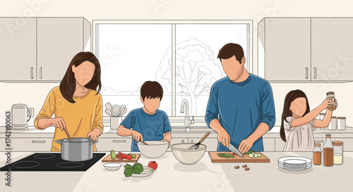 Family cooking together in modern kitchen, with parents and children preparing meal, enjoying quality time