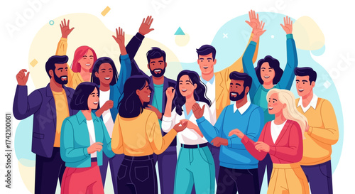 Diverse group happy people waving and smiling, celebrating together in vibrant and joyful gathering