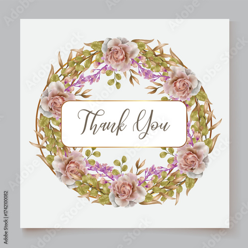 WEDDING INVITATION FRAME WITH FLOWER DECORATIONS AND FRESH LEAVES