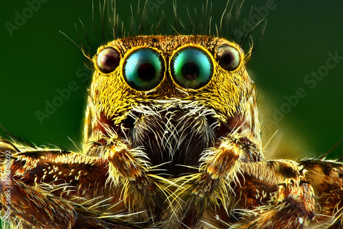 This extreme macro close-up reveals a jumping spider's face, showcasing its prominent, iridescent eyes, hairy body, and intricate details against a blurred green background.