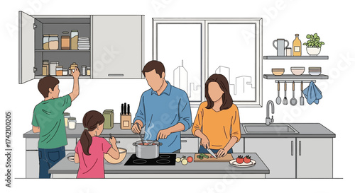 Family cooking together in modern kitchen, parents and children preparing meal, bonding and healthy lifestyle