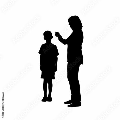 Silhouette of a child receiving a vaccine from a health worker isolated on white background