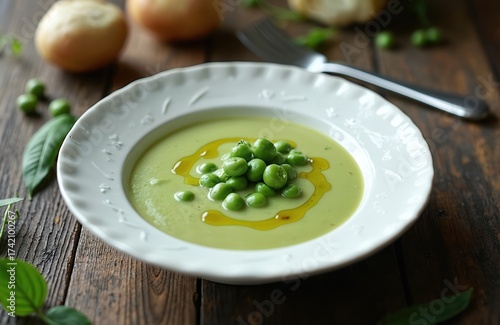 Creamy green pea soup served in a white bowl with fresh peas and olive oil. A rustic wooden table provides a warm backdrop for this delicious, healthy meal.