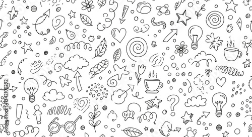 Seamless pattern handdrawn doodle icons and symbols including hearts, stars, lightbulbs, flowers, clouds, and coffee cups, on, representing ideas and creativity