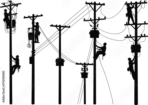 Electrical linemen working on utility poles, silhouette illustration, power line maintenance, transformer repair, bucket truck, high voltage, infrastructure safety, teamwork