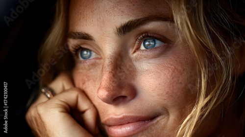 A pretty young woman with freckles contemplates the future with a dreamy look and a serene smile outside.