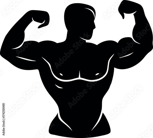 Silhouette of a muscular man flexing his biceps, representing fitness and strength