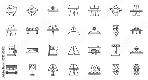 Dynamic road infrastructure icon set, perfect for wayfinding maps, navigation apps, and traffic management systems, originally designed as a scalable vector graphic