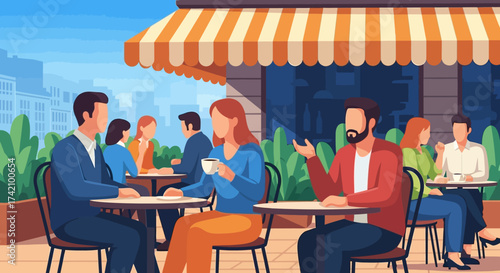 Couple enjoying coffee and conversation at an outdoor cafe table with striped awning and cityscape in the, representing leisure and social interaction