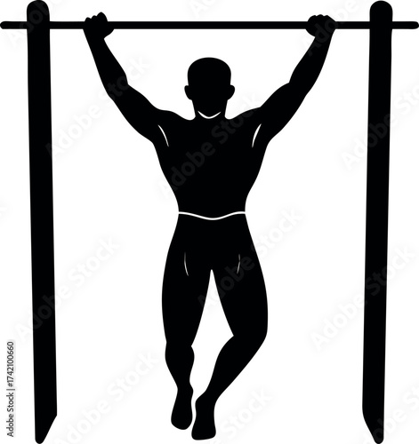 silhouette of a man exercising with dumbbells, Silhouette of a Muscular Man Doing Pull-Ups on a Bar
