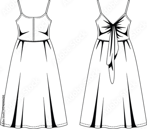 Elegant dress fashion sketch, sleeveless dress illustration, women’s clothing design, stylish midi dress vector, apparel outline drawing, trendy summer fashion design