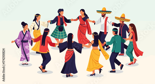 Vibrant people from diverse cultural backgrounds dancing in circle, holding hands and wearing traditional clothing from around the world