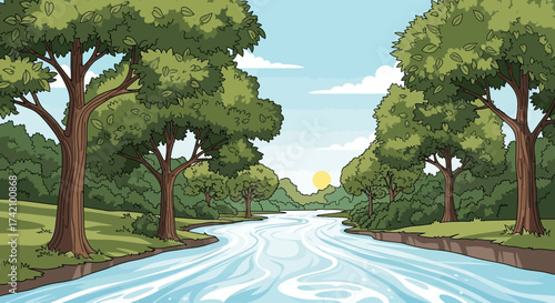 Serene river flowing through lush green forest with tall trees lining the banks under clear blue sky with setting sun