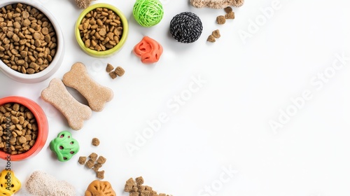Flat lay composition of assorted pet food bowls, dog biscuits, colorful chew toys, and treats arranged on white background for pet care concept.