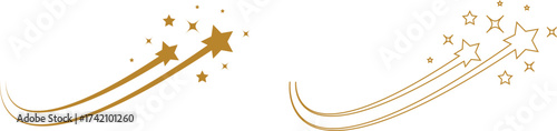 Shooting star icon set with gold, outline falling stars, celestial night sky sparkle and comet trail symbols, vector collection for magic, fantasy, astrology and decoration design