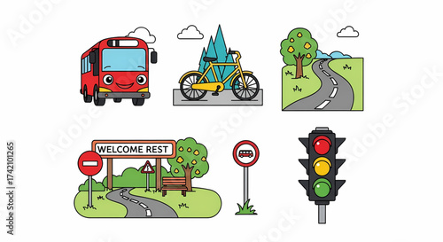 Delightful cartoon transport icons featuring a smiling bus, bicycle, traffic lights, and rest area, perfect for children's books and educational resources