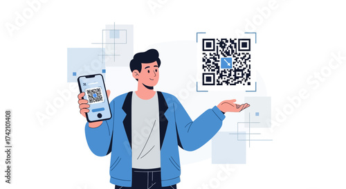 Man Presenting Quick Response Code On Smartphone, Digital Payment Concept, Modern Illustration