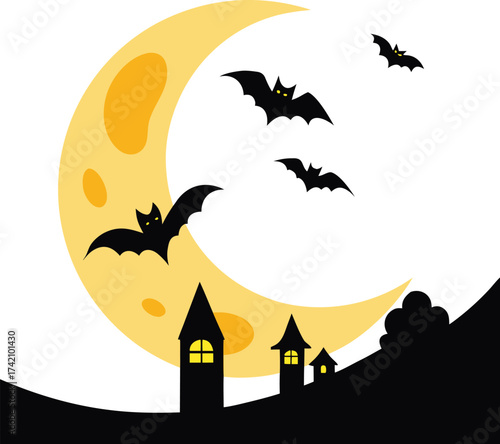 Black bats flying around a yellow crescent moon over dark houses