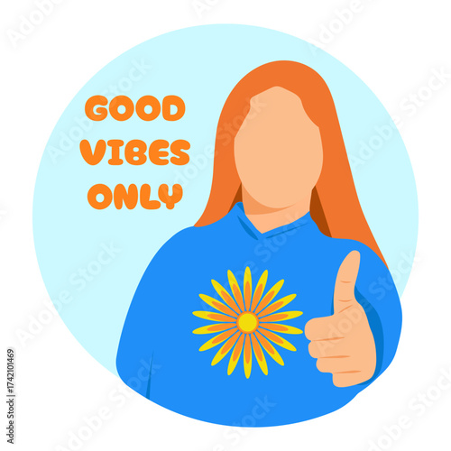 Good vibes only illustration, thumbs up, daisy, positive affirmation. Vector illustration.