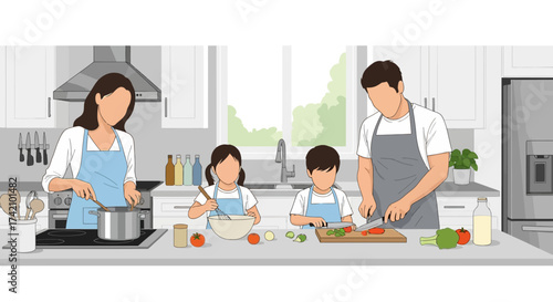 Family cooking together in modern kitchen, parents and children preparing meal with fresh ingredients, healthy lifestyle activity