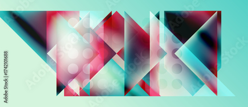 Abstract geometric composition. Overlapping triangles, circles create vibrant, modern visual experience. Teal background enhances colorful shapes.