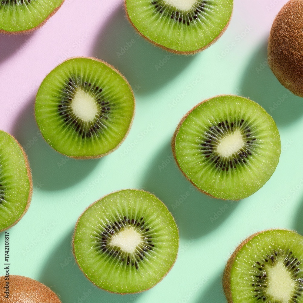 Fototapeta premium A vibrant composition of meticulously sliced kiwi fruit, their refreshing green interior juxtaposed against a pastel backdrop, offering a tantalizing visual treat.
